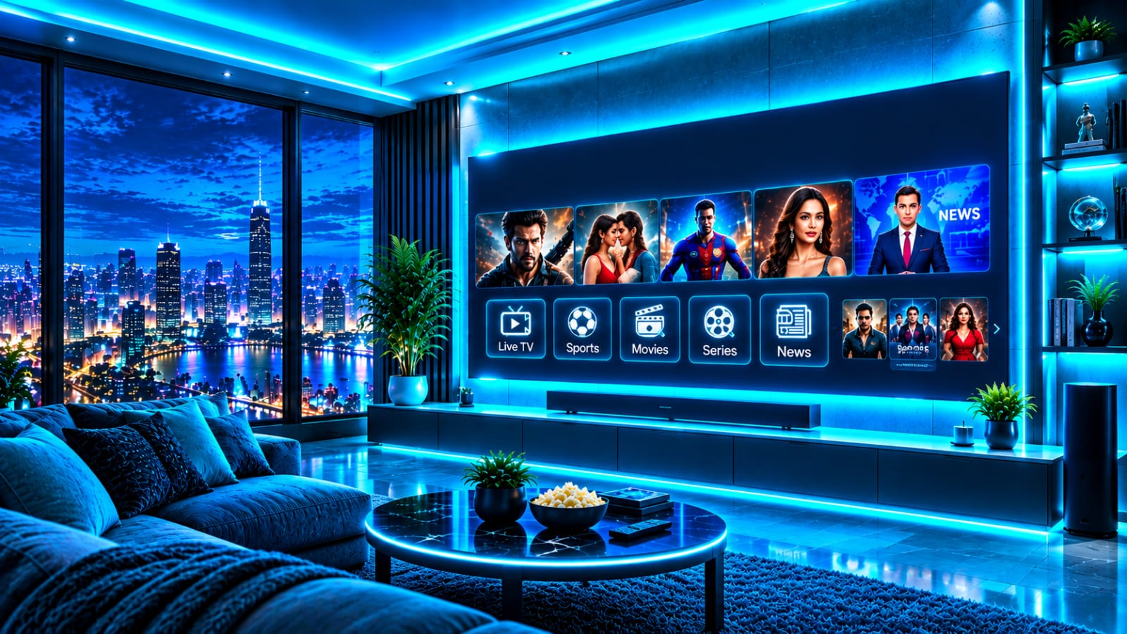 Premium streaming room with Live TV, Sports, Movies, Series and News on a large screen